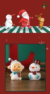 Detailed view of hand-painted resin Christmas figurines with snowman and sheep decor