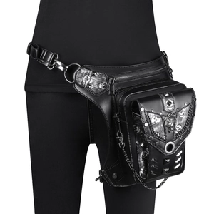 Close-up of black gothic punk leg bag featuring skull print, studs, and metal chains