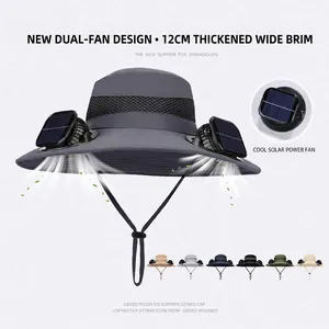 Chapeau De Soleil Avec Deux Ventilateurs Solaires Bord Large Nylon Respirant Pour Pêche Randonnée Protection Solaire