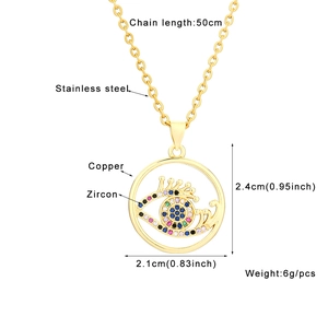Detailed specs of gold plated evil eye pendant with zircon inlay and stainless steel chain
