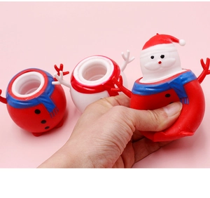 Detail view of snowman squeeze toy popping out a Santa figure for stress relief