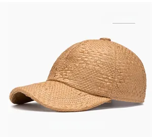 Detail of the high-quality khaki straw weave texture on a vintage baseball cap