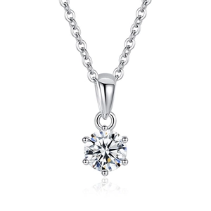 Classic S925 sterling silver solitaire necklace with 1-carat moissanite in six-prong setting