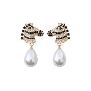 Vintage zebra head earrings with black and white crystals and white pearl drops