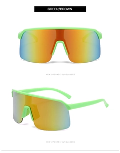 Detail view of fluorescent green semi-rimless cycling sunglasses with rainbow gradient lenses