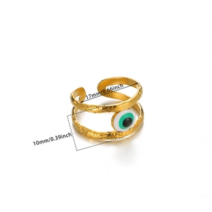 Detail view showing dimensions of the gold evil eye adjustable stainless steel ring