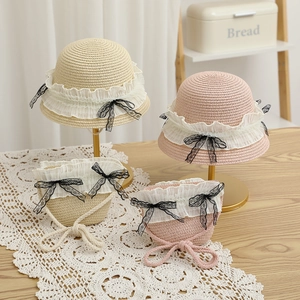 Ensemble chapeau de paille et sac pour enfants avec dentelle et nœud, protection solaire