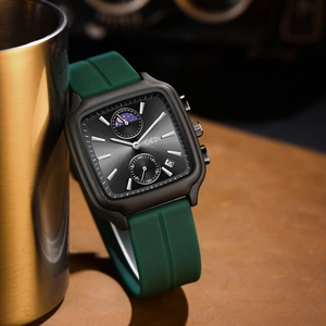 Montre à quartz carrée GEDI avec bracelet en silicone vert, date et phase de lune