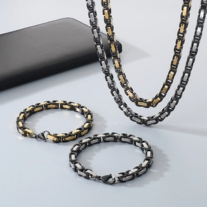 Men's hip-hop Byzantine chain jewelry set with black, gold, and silver stainless steel links
