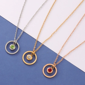 Birthstone Necklace Stainless Steel Round Geometric Pendant Double Circle Zircon Crystal Fashion Birthday Jewelry Women