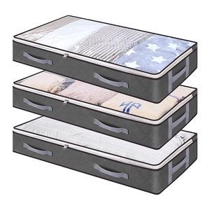 Set of 3 grey non-woven underbed storage bags with clear windows and handles