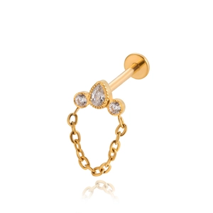 G23 titanium labret piercing with teardrop zircon and delicate gold hanging chain