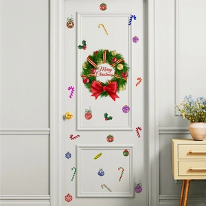 Christmas wreath and candy cane wall stickers on white door for holiday home decoration