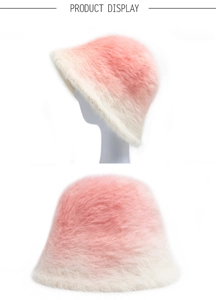 Detailed close-up showing soft gradient pink faux fur texture of this stylish bucket hat