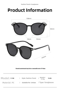 Detailed size chart for round frame sunglasses showing lens width and temple length measurements