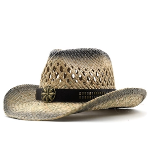 Chapeau de cowboy en paille tressé avec dégradé et bande décorative en métal de style rétro