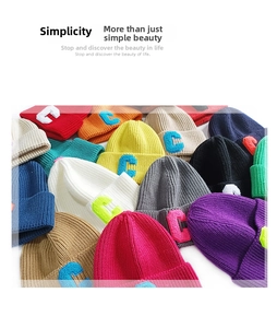 Close-up of multi-color ribbed knit beanies featuring large chenille embroidery C patches