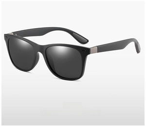 Close-up side view of classic black polarized sunglasses showing frame curvature and temples