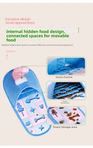 Detail of slipper-shaped pet snuffle toy with multiple treat-hiding holes and fabric pockets
