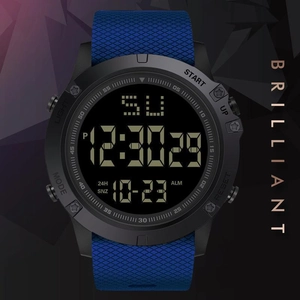 Detail of digital sport watch with blue honeycomb silicone strap and multifunction display