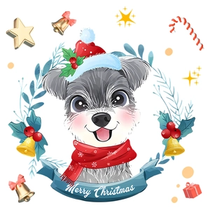 Detail of Christmas schnauzer toilet sticker with festive wreath and holiday elements
