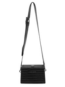Black crocodile texture box crossbody bag with adjustable leather strap on white background