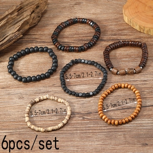 6-piece set of vintage wooden bead bracelets for men with natural rustic textures