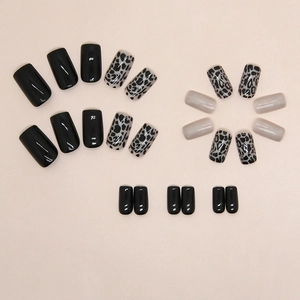 Glossy black and grey leopard print square press-on nails set for elegant autumn style