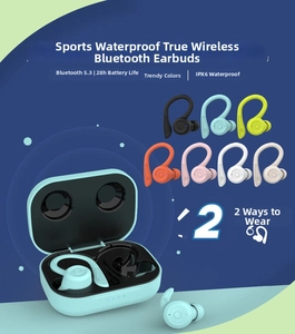Detail view of TWS sports earbuds showing seven color options and LED charging case