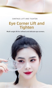 Detail showing the ergonomic transparent facial gua sha tool used for eye lifting massage