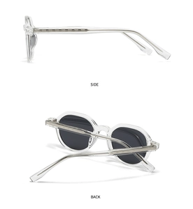 Detail view of transparent sunglasses frames with metal core wire showing side and back angles