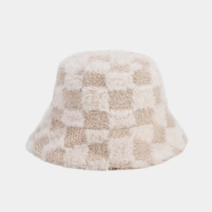 Autumn winter plush checkered bucket hat in beige and brown for sun protection