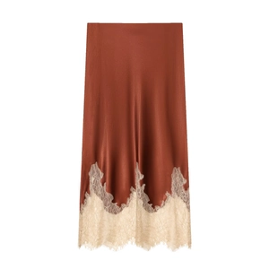 Brown satin midi skirt with elegant cream lace trim and silky finish on white background