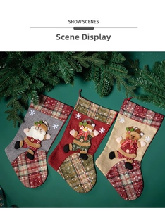 Three burlap Christmas stockings set with 3D Santa Snowman Reindeer appliques