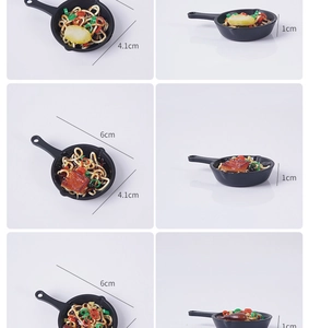 Detailed multi-angle views of miniature frying pan keychain with realistic noodles