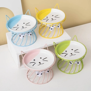 Elevated Ceramic Cat Bowl With Cat Ear Metal Stand Neck Protection Raised Feeding Dish For Small Pets Cute Porcelain