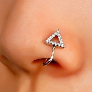U-shaped geometric non-piercing silver nose ring with shimmering white zircon stones