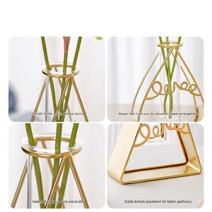 Modern gold geometric triangle iron vase with glass tube and artistic Love lettering