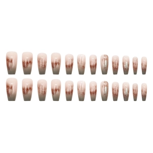 French gradient marble coffin fake nails set with brown marble ink and nude gloss finish