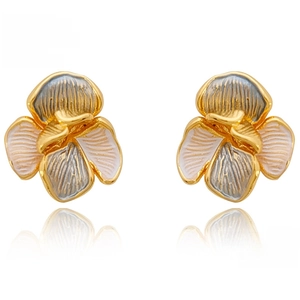 Detailed macro view of S925 iris flower stud earrings with enamel textured petals