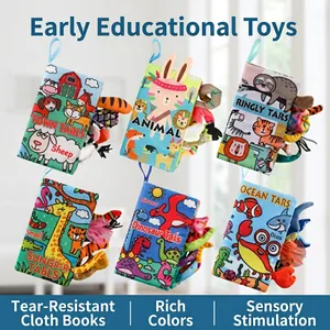 Set of 6 soft baby sensory cloth books with 3D animal tails for tactile learning