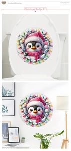 3D Christmas penguin wall sticker with colorful lights on a white toilet lid and wall