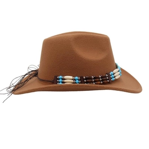 Detailed view of the bohemian beaded band with turquoise on a brown wool cowboy hat