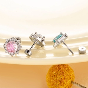 Elegant silver stainless steel rose-cut crystal studs with screw back ear piercing