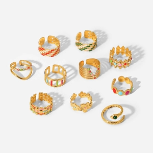 Set of 18K gold-plated stainless steel rings with colorful enamel designs for women
