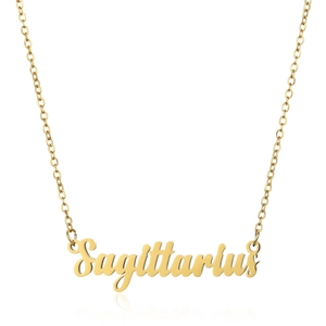 Detailed view of gold Sagittarius cursive pendant necklace on 18K stainless steel chain