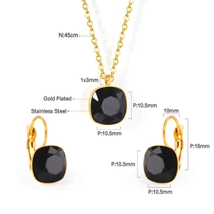 Detailed size specifications for gold plated stainless steel jewelry set with black gems