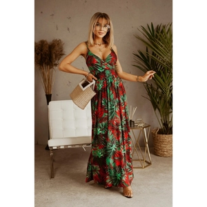 Bohemian V-neck sleeveless maxi dress with red and green tropical leaf print pattern
