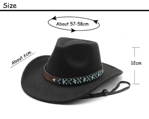 Détail des tailles pour chapeau de cowboy noir en feutre avec perles et cordon