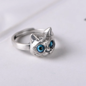 Vintage-Silberring Katzenkopf mit blauen Augen und Felltextur, verstellbare Form